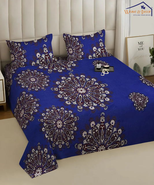 Deep Blue Floral Double Bedsheet With 2 Pillow Cover