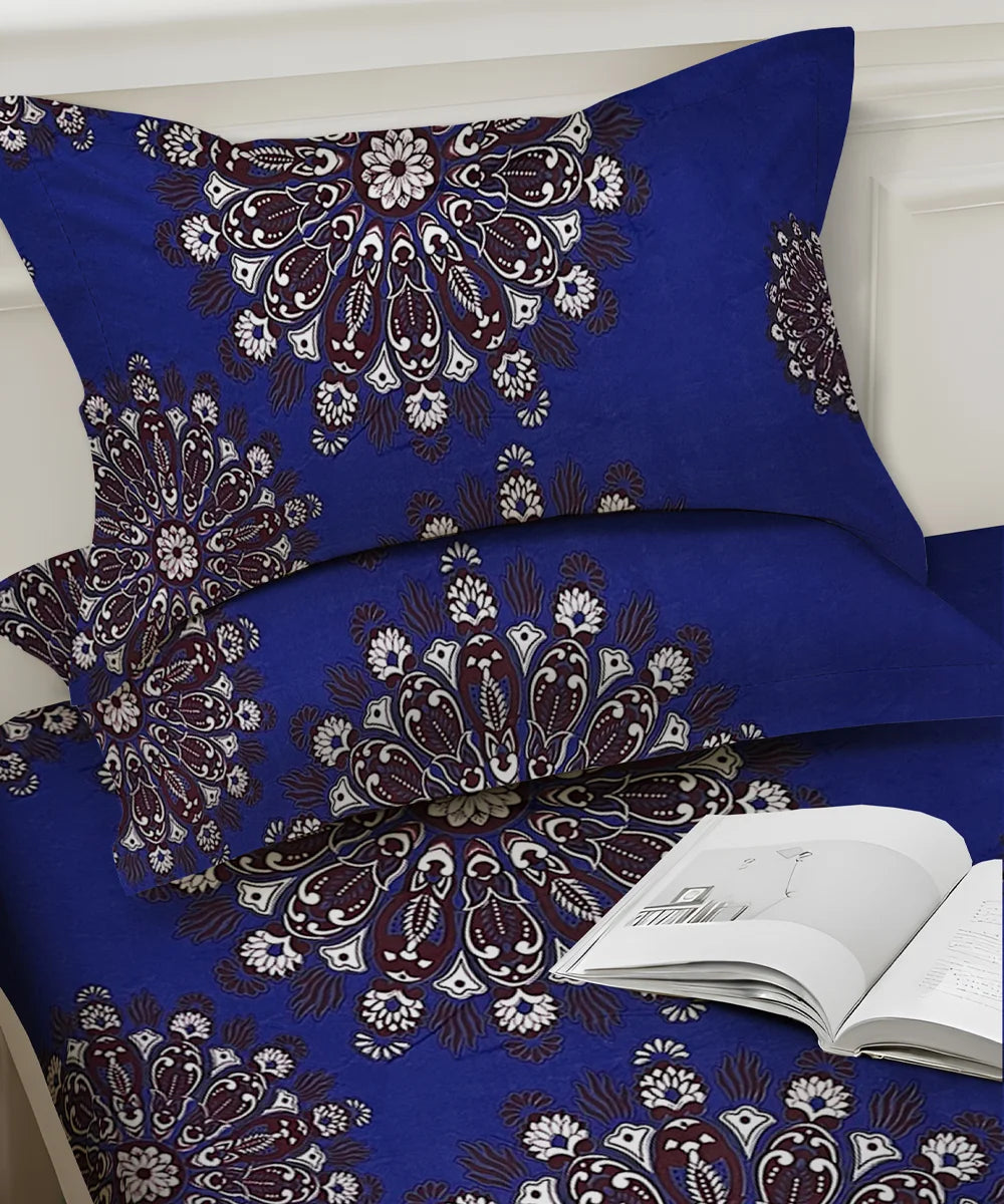 Deep Blue Floral Double Bedsheet With 2 Pillow Cover