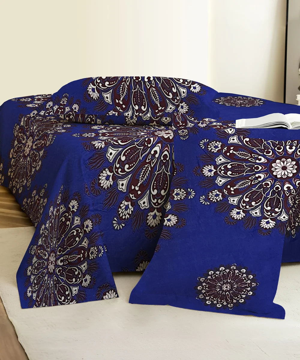 Deep Blue Floral Double Bedsheet With 2 Pillow Cover