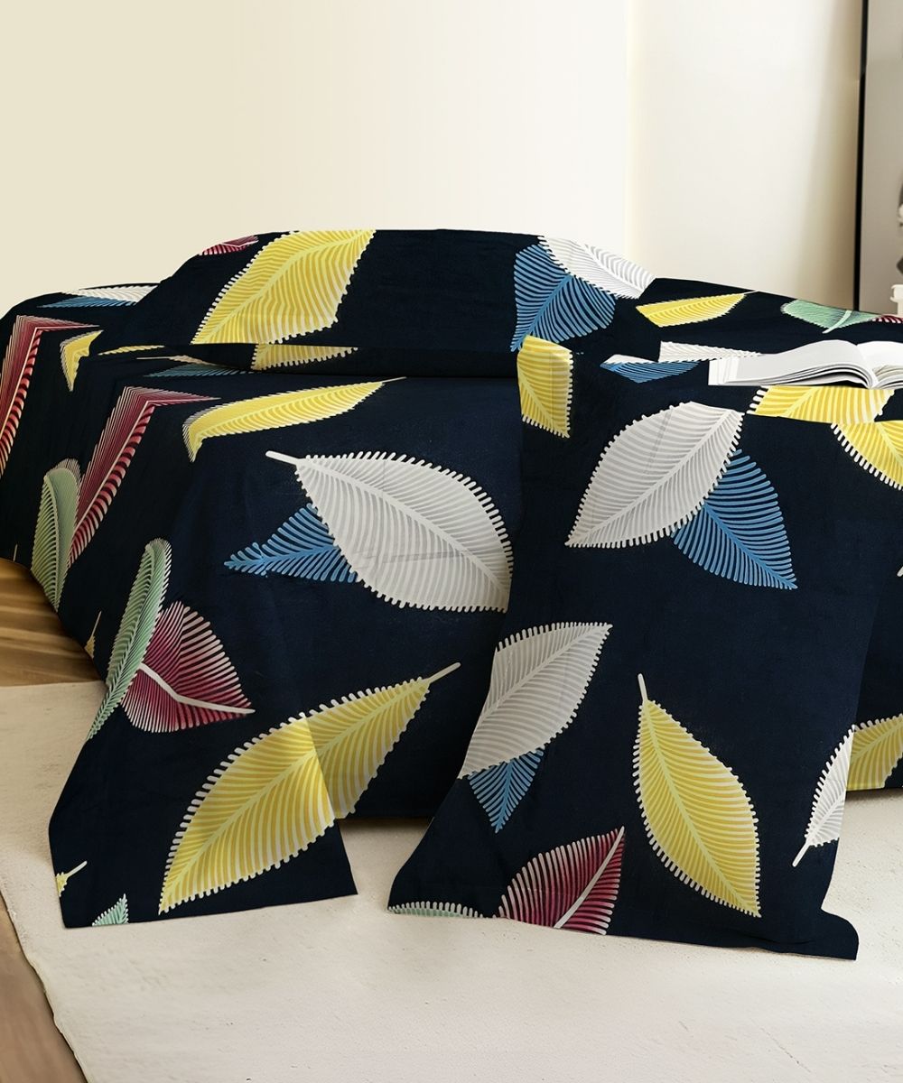 Blue Leaves Flat Double Bedsheet With 2 Pillow Cover