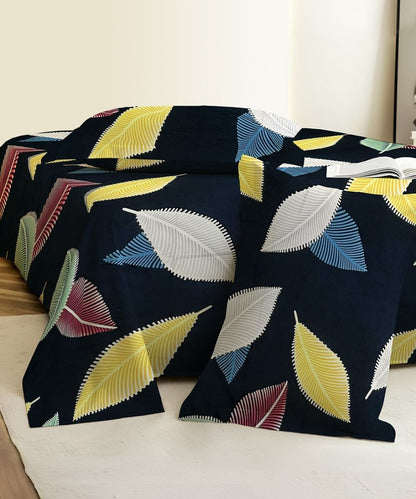 Blue Leaves Flat Double Bedsheet With 2 Pillow Cover