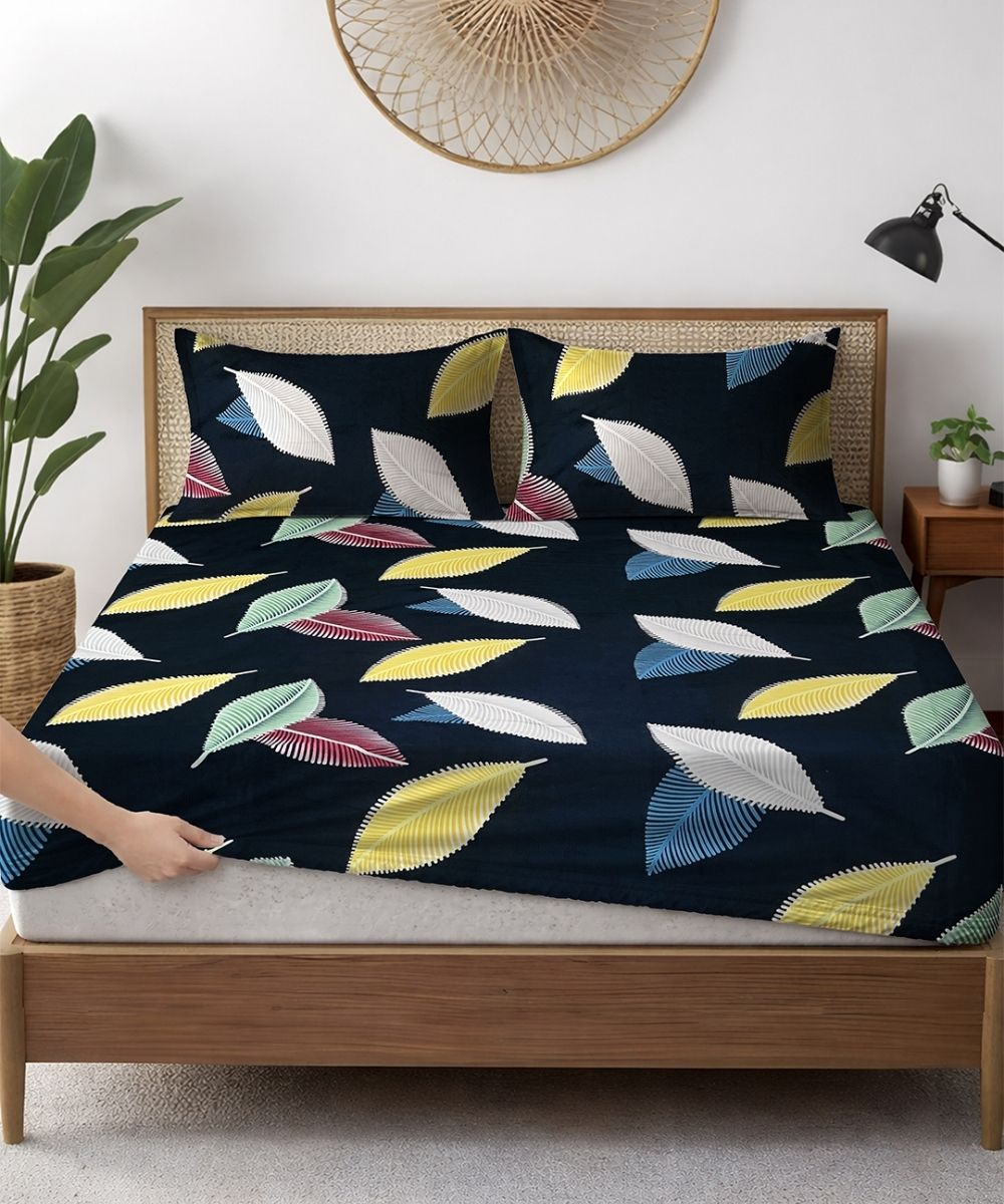 Blue Leaves Flat Double Bedsheet With 2 Pillow Cover