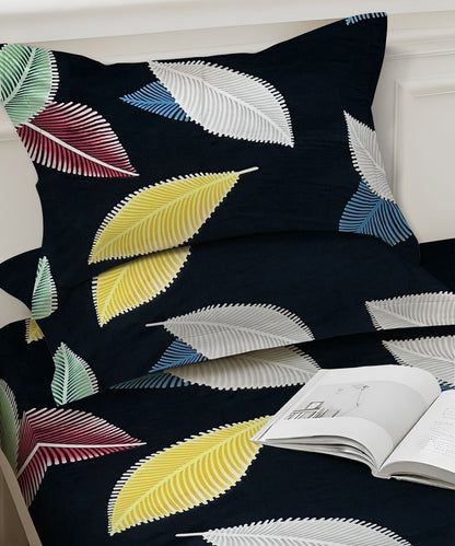 Blue Leaves Flat Double Bedsheet With 2 Pillow Cover