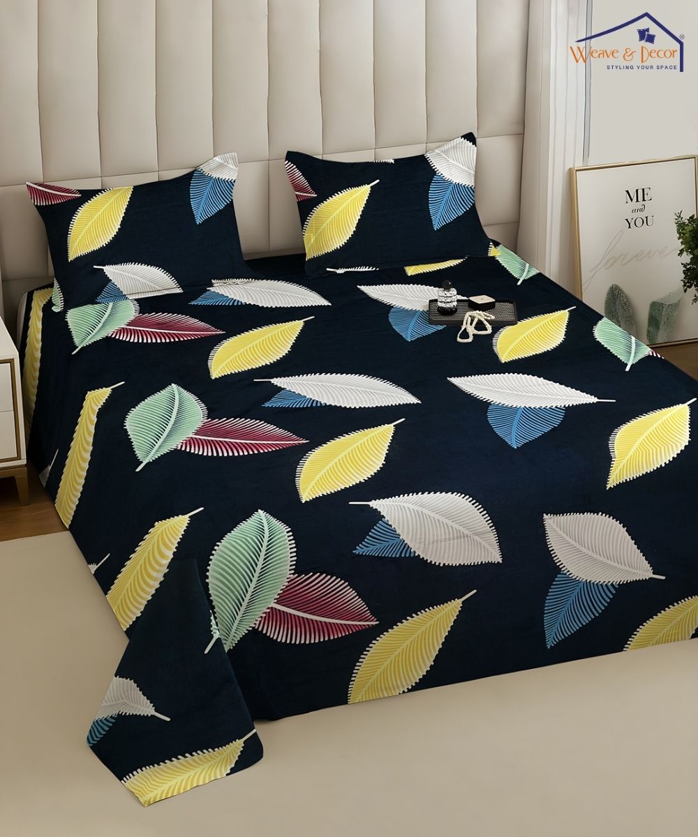 Blue Leaves Flat Double Bedsheet With 2 Pillow Cover