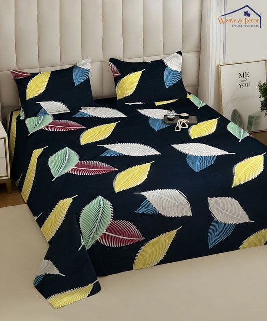 Blue Leaves Flat Double Bedsheet With 2 Pillow Cover