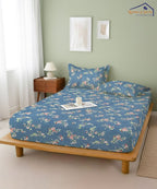 Blue Floral Flat Double Bedsheet With 2 Pillow Cover