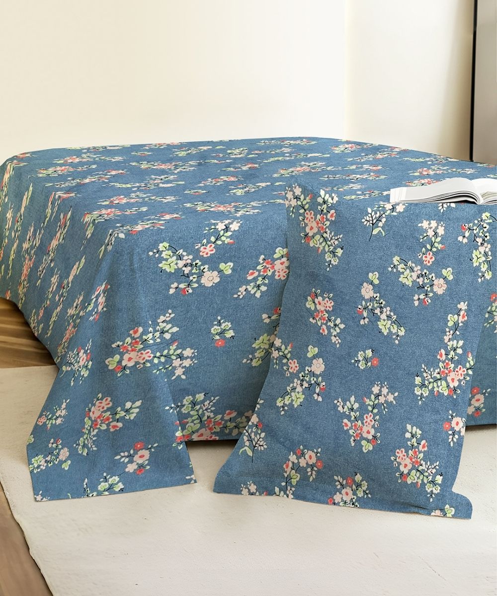 Blue Floral Flat Double Bedsheet With 2 Pillow Cover