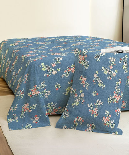 Blue Floral Flat Double Bedsheet With 2 Pillow Cover