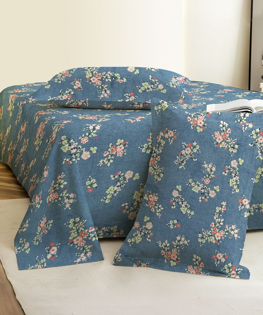 Blue Floral Flat Double Bedsheet With 2 Pillow Cover