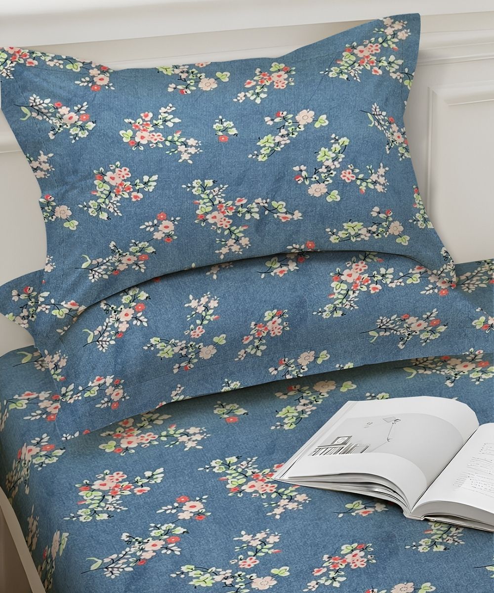 Blue Floral Flat Double Bedsheet With 2 Pillow Cover