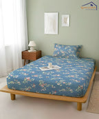 Blue Floral Flat Double Bedsheet With 2 Pillow Cover