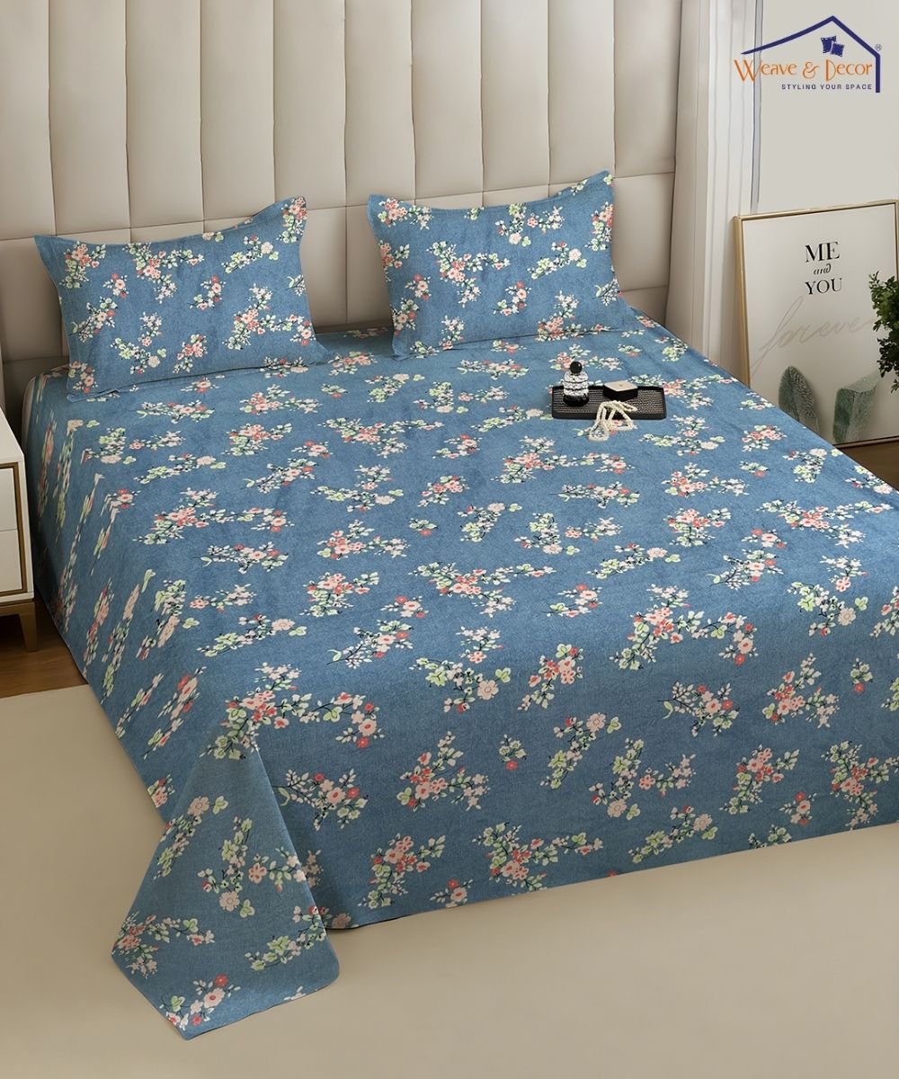 Blue Floral Flat Double Bedsheet With 2 Pillow Cover