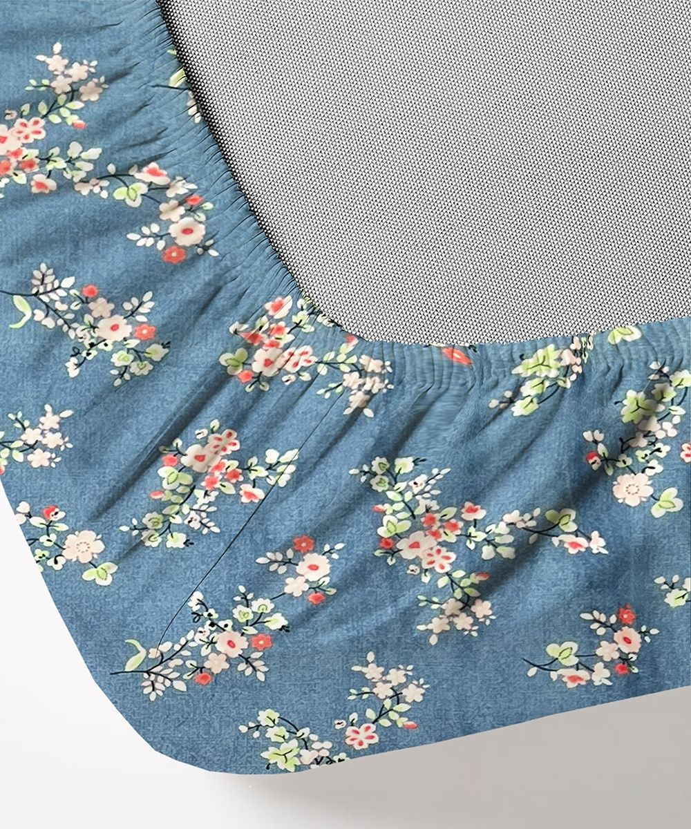 Blue Floral Flat Double Bedsheet With 2 Pillow Cover