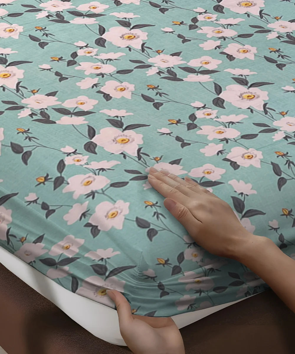 Green Blossom Flat Double Bedsheet With 2 Pillow Cover