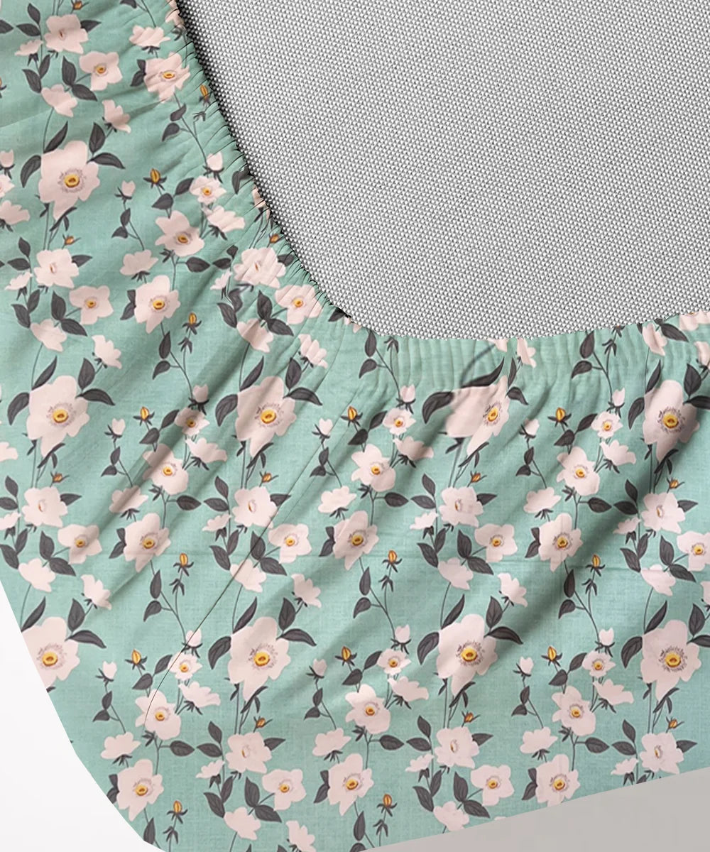 Green Blossom Flat Double Bedsheet With 2 Pillow Cover