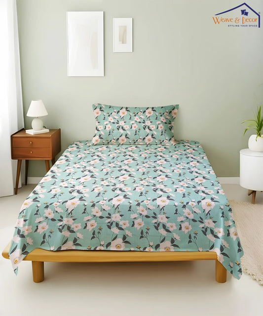 Green Blossom Flat Double Bedsheet With 2 Pillow Cover