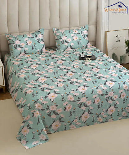 Green Blossom Flat Double Bedsheet With 2 Pillow Cover
