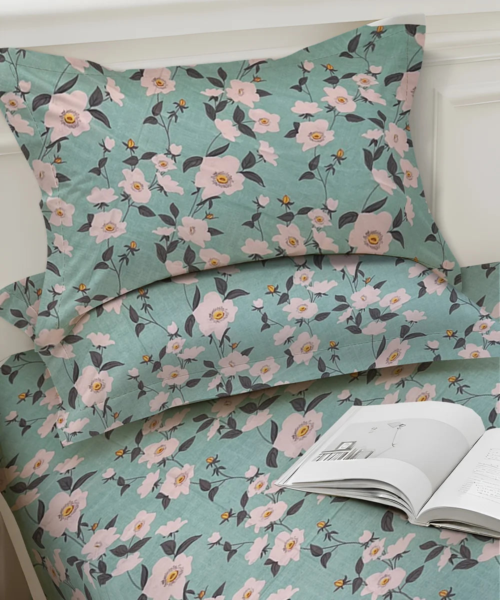 Green Blossom Flat Double Bedsheet With 2 Pillow Cover