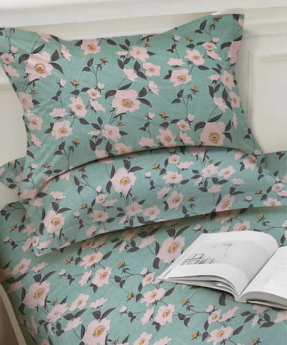 Green Blossom Flat Double Bedsheet With 2 Pillow Cover