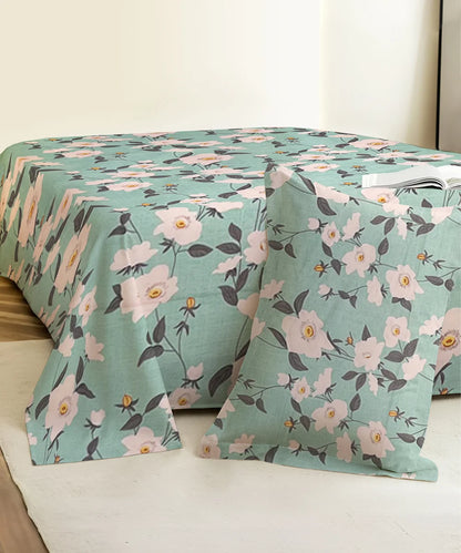 Green Blossom Flat Double Bedsheet With 2 Pillow Cover