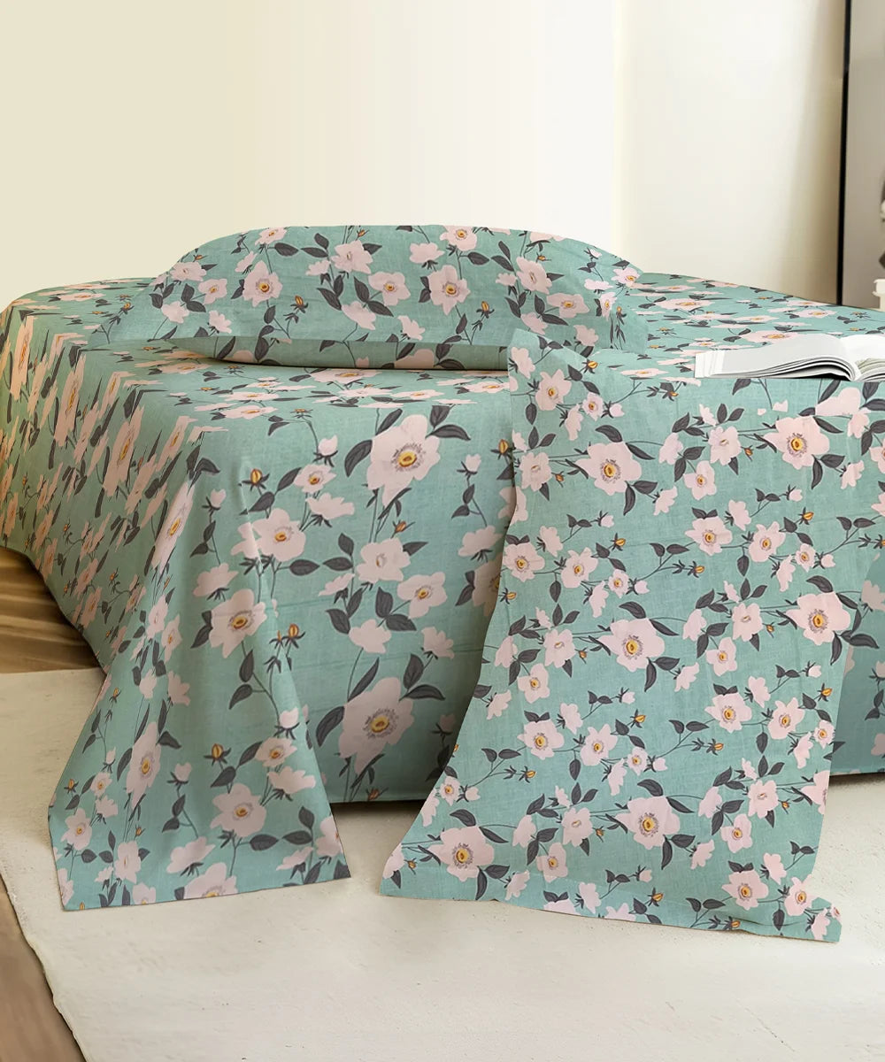 Green Blossom Flat Double Bedsheet With 2 Pillow Cover