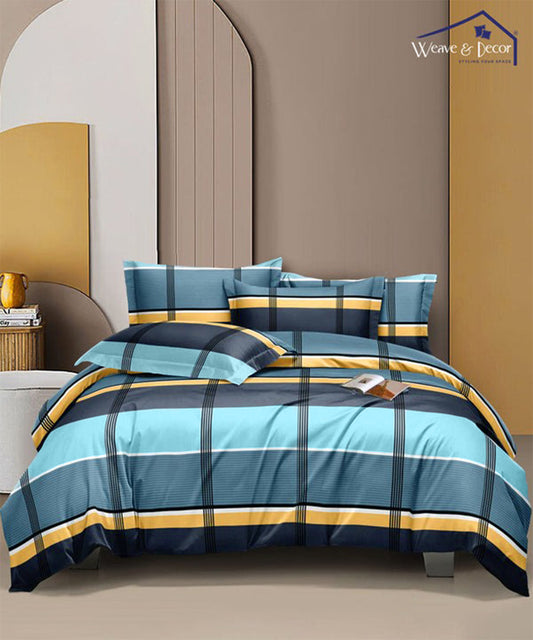 Blue Checks Queen Fitted Bedsheet With 2 Pillow Covers