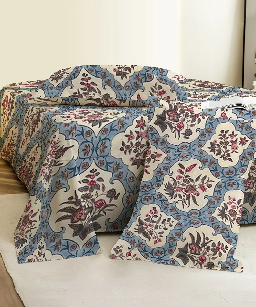 Blue Ethnic King Size Bedsheet With 2 Pillow Cover