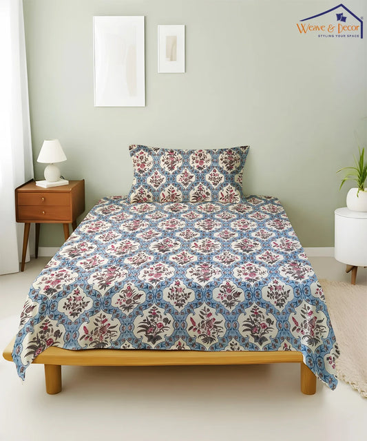 Blue Ethnic King Size Bedsheet With 2 Pillow Cover
