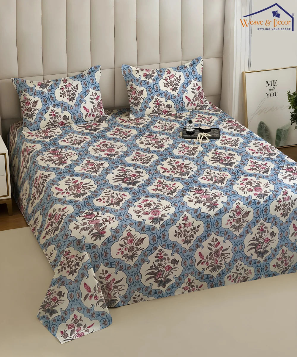 Blue Ethnic King Size Bedsheet With 2 Pillow Cover