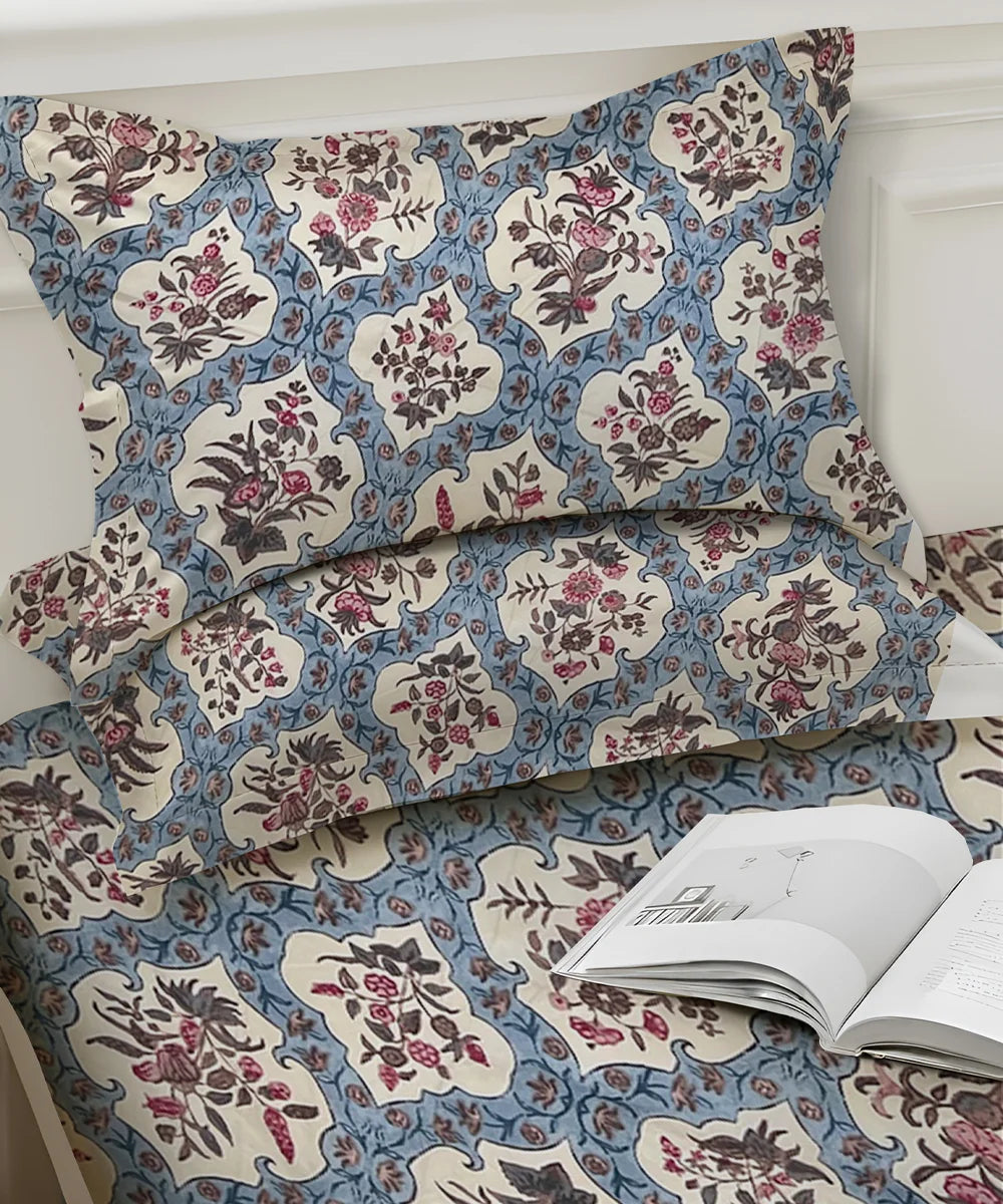Blue Ethnic King Size Bedsheet With 2 Pillow Cover