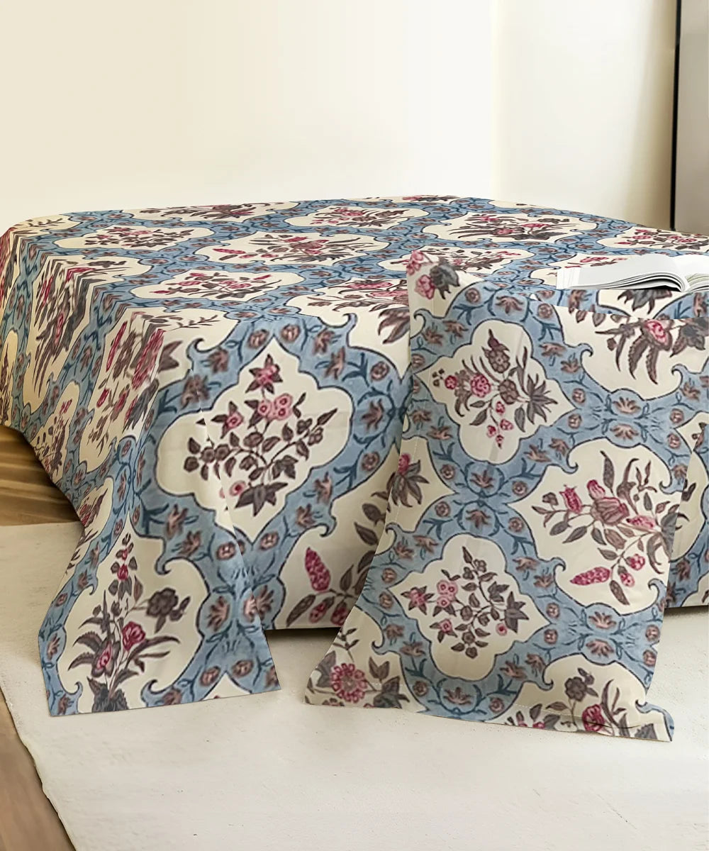 Blue Ethnic King Size Bedsheet With 2 Pillow Cover