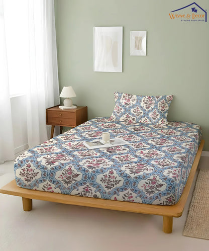 Blue Ethnic King Size Bedsheet With 2 Pillow Cover
