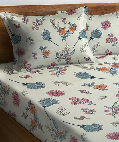Off White Blossom King Size Bedsheet With 2 Pillow Cover
