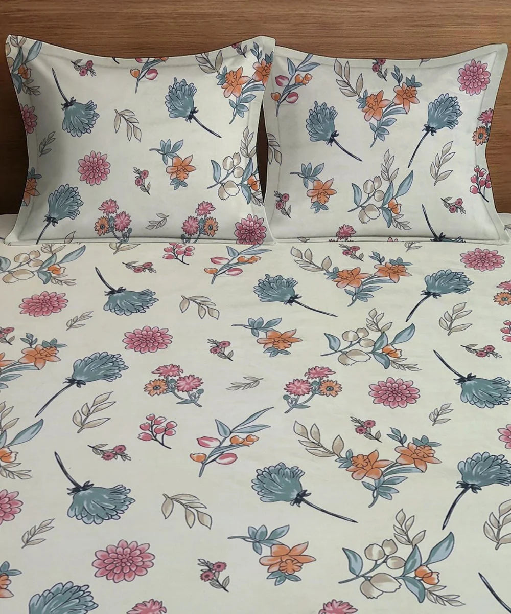 Off White Blossom King Size Bedsheet With 2 Pillow Cover