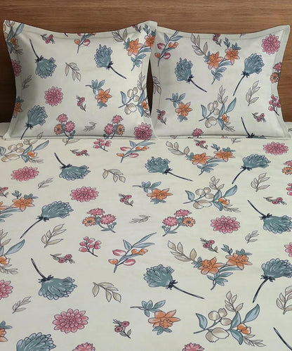 Off White Blossom King Size Bedsheet With 2 Pillow Cover