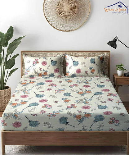 Off White Blossom King Size Bedsheet With 2 Pillow Cover