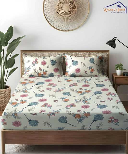 Off White Blossom King Size Bedsheet With 2 Pillow Cover