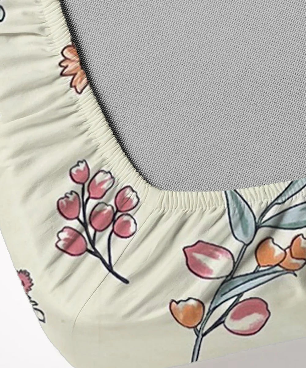 Off White Blossom King Size Bedsheet With 2 Pillow Cover
