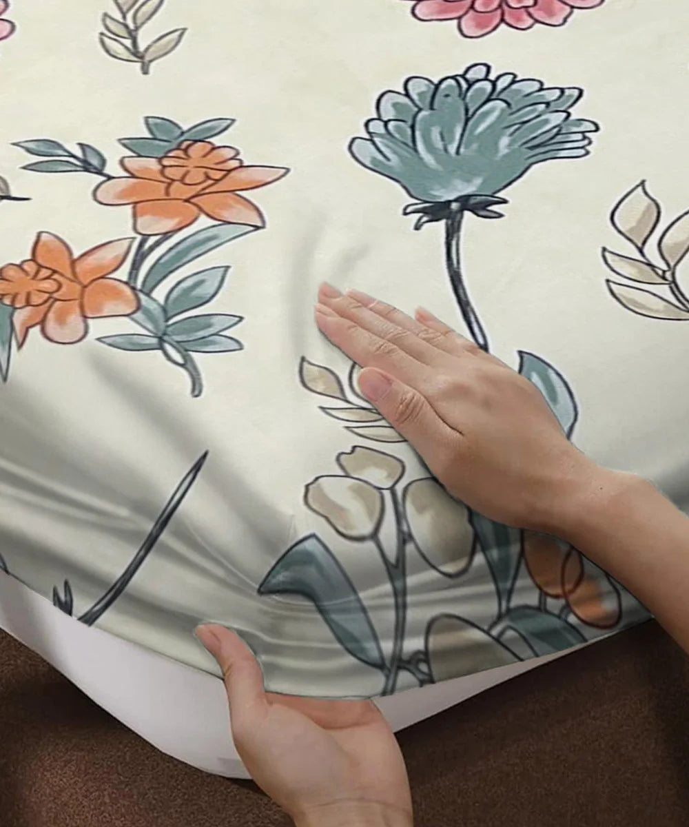 Off White Blossom King Size Bedsheet With 2 Pillow Cover