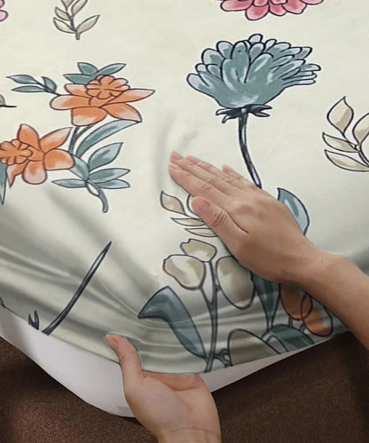 Off White Blossom King Size Bedsheet With 2 Pillow Cover