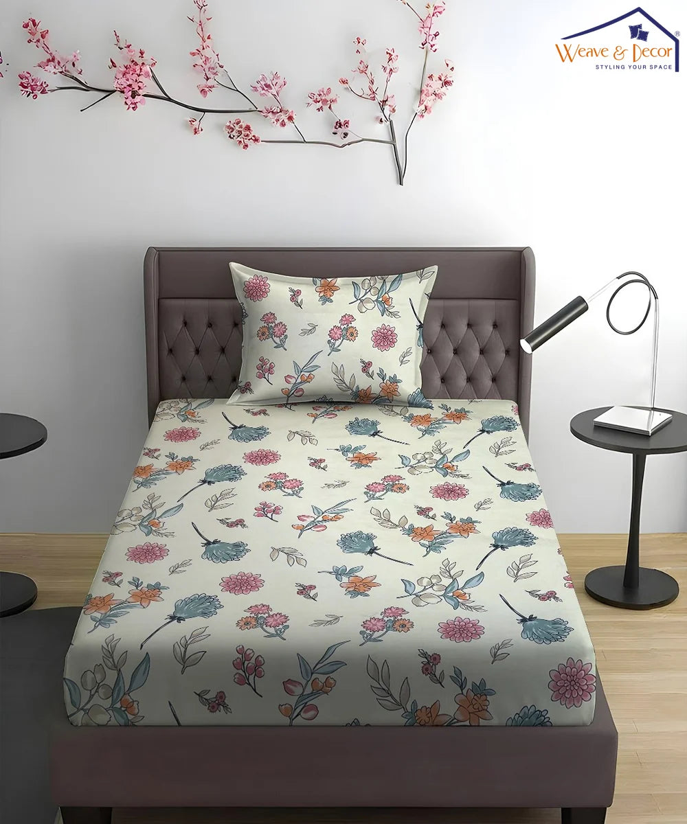 Off White Blossom King Size Bedsheet With 2 Pillow Cover
