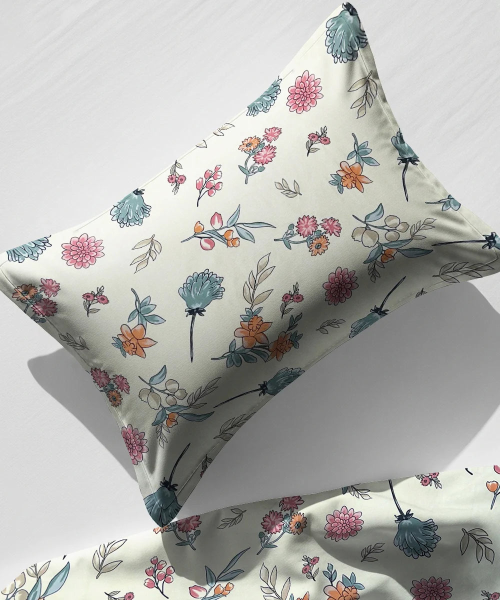 Off White Blossom King Size Bedsheet With 2 Pillow Cover