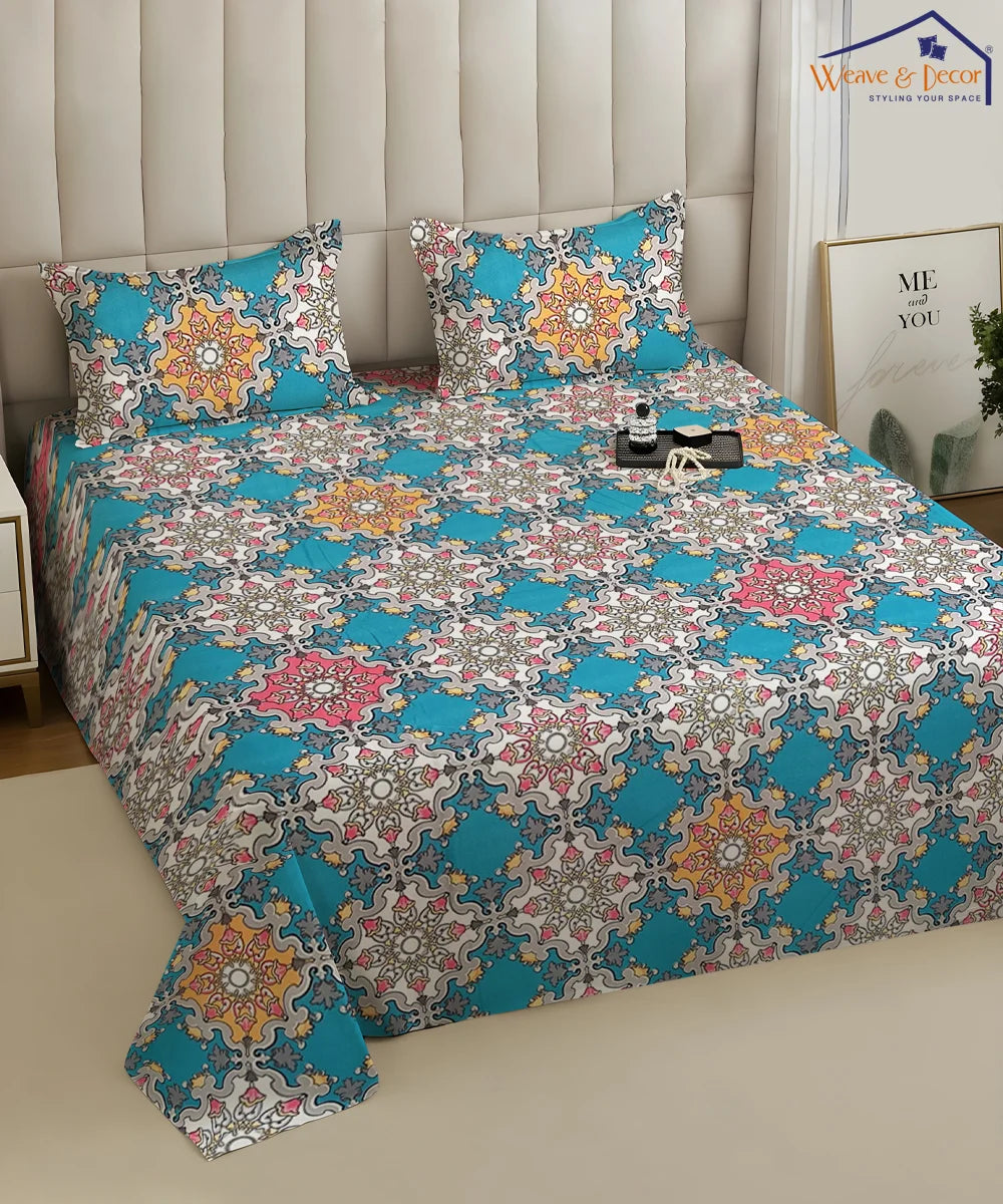 Moroccan Mosaic Flat Double Bedsheet With 2 Coordinate Pillow Covers