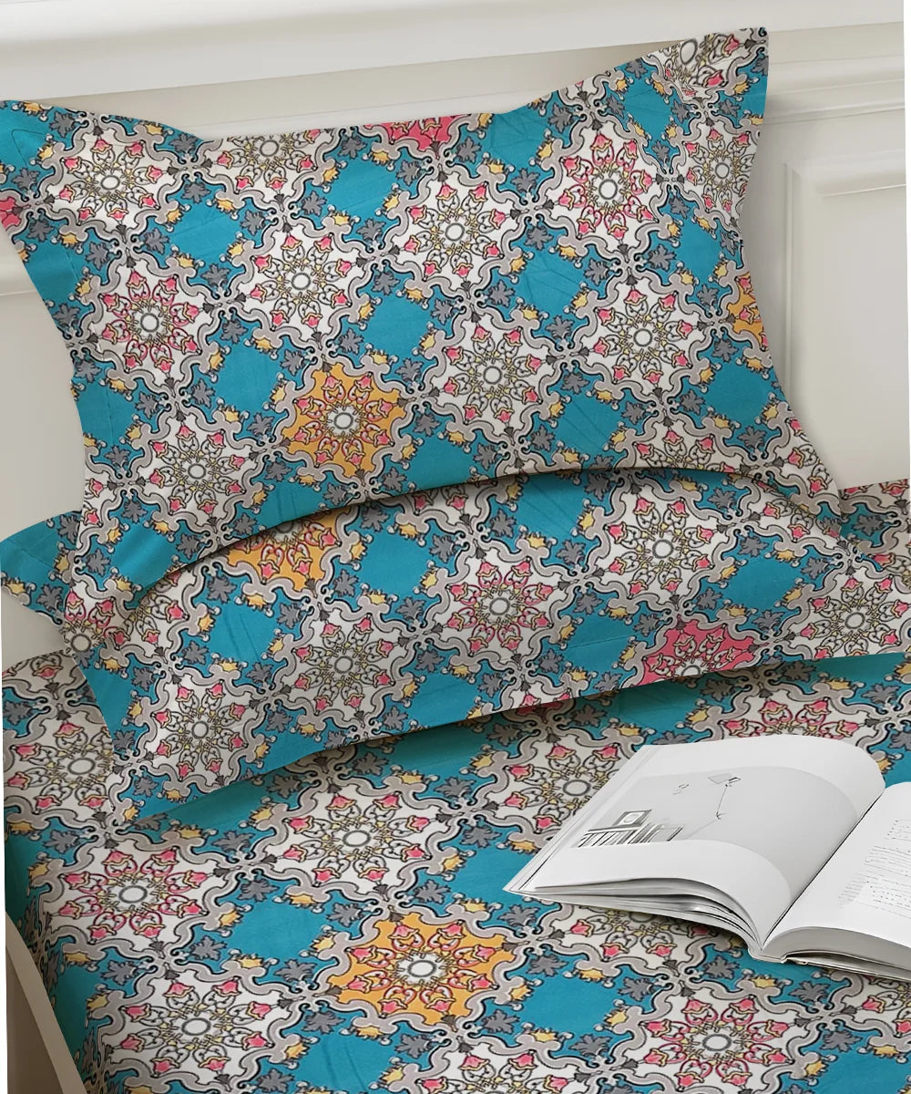 Moroccan Mosaic Flat Double Bedsheet With 2 Coordinate Pillow Covers