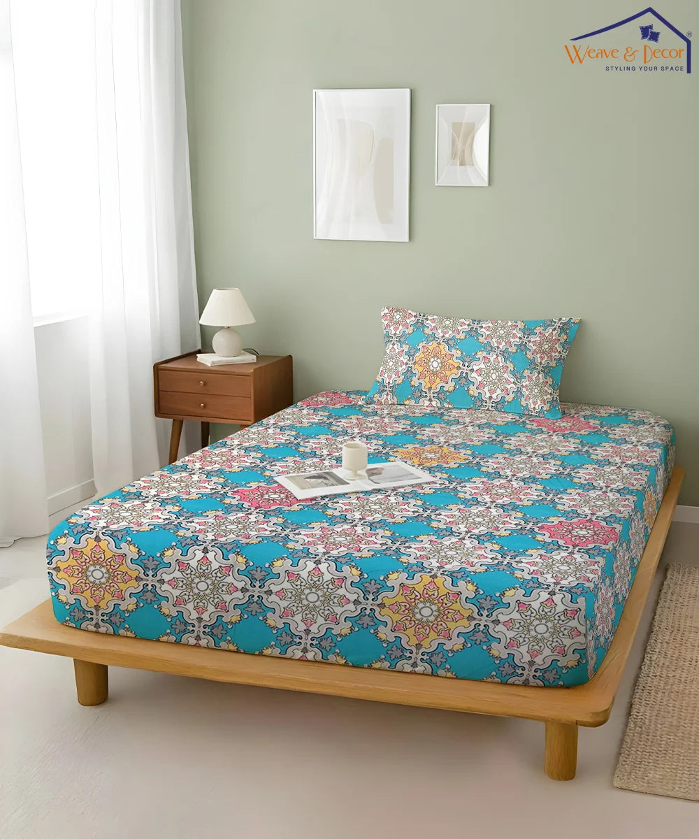 Moroccan Mosaic Flat Double Bedsheet With 2 Coordinate Pillow Covers