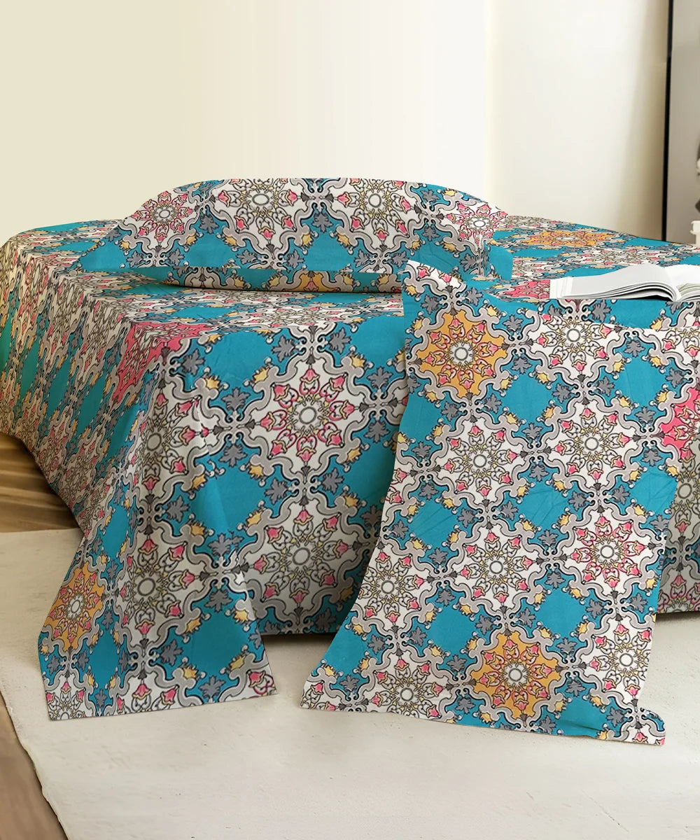 Moroccan Mosaic Flat Double Bedsheet With 2 Coordinate Pillow Covers