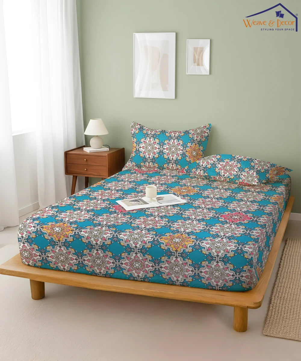Moroccan Mosaic Flat Double Bedsheet With 2 Coordinate Pillow Covers