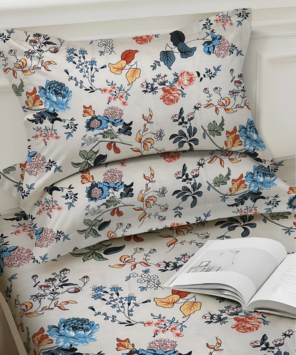 Ivory Floral Symphony King Size Bedsheet With 2 Pillow Cover