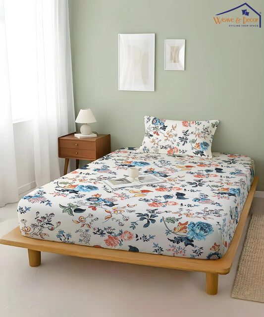 Ivory Floral Symphony King Size Bedsheet With 2 Pillow Cover