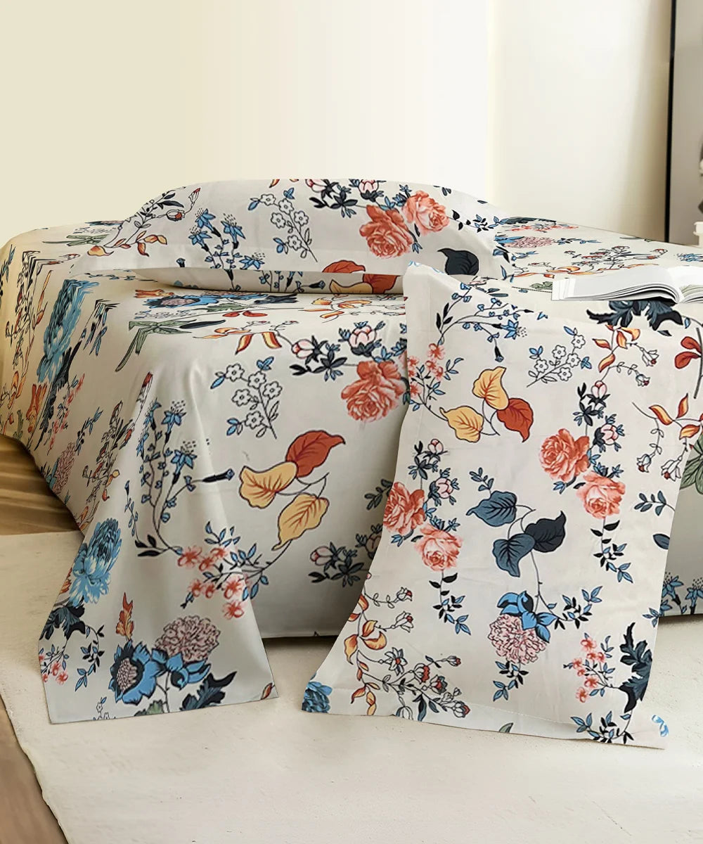 Ivory Floral Symphony King Size Bedsheet With 2 Pillow Cover